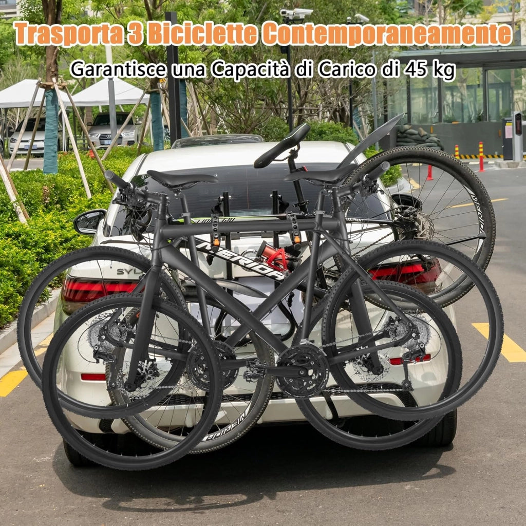 Portabici Posteriore Universale per Auto, Portabici da Portellone per 3 Bici con Lunghezza e Angolo Regolabili, Portata 45 kg, Portabiciclette per Bagagliaio Pieghevole per SUV e Berline
