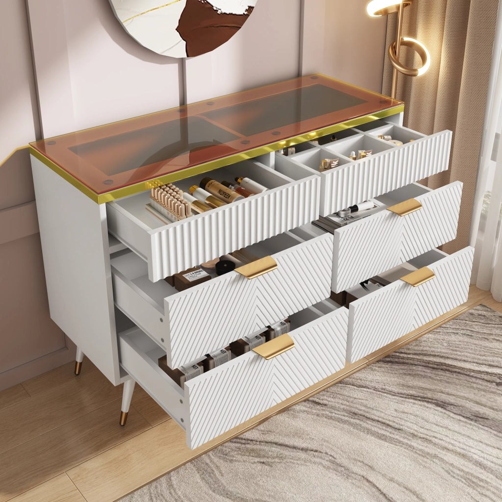 Comò con 6 cassetti e divisori rimovibili vetro marrone e metallo bianco 120 × 40 × 76 cm