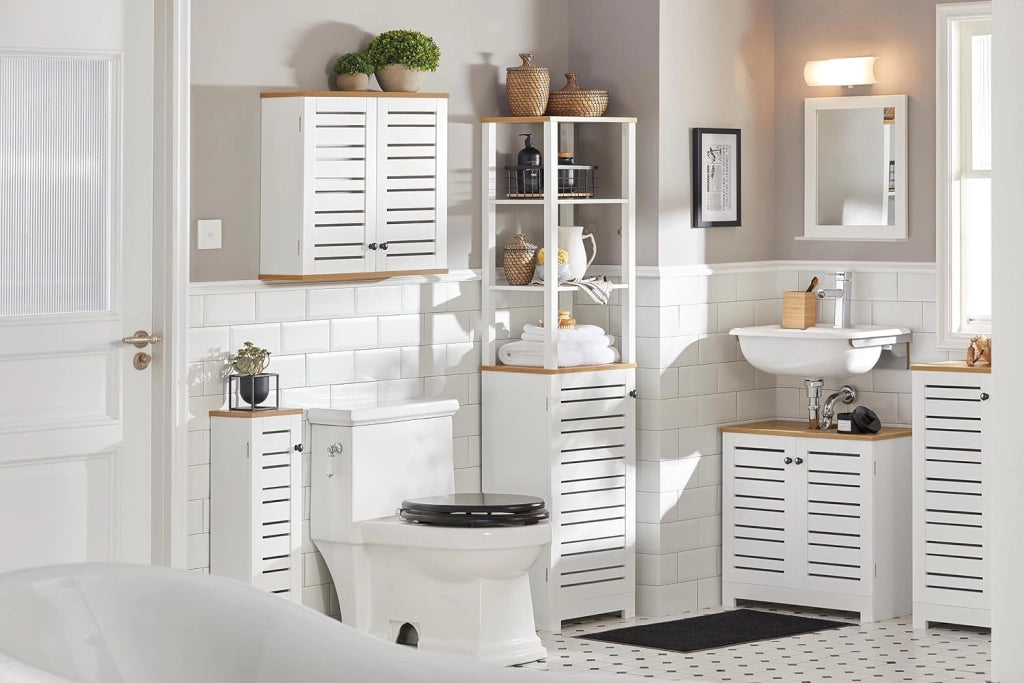 Pensile da Bagno – Mobile da Bagno Sospeso – Armadietto a Muro Stretto con Ante a Persiana e Ripiani Regolabili, per Cucina e Corridoio, in Legno, Bianco, 60x56x19cm, BZR42-W