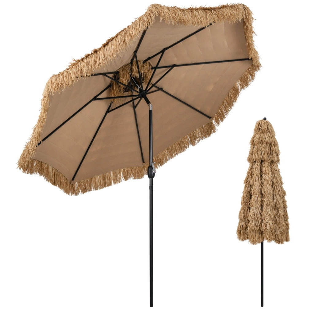 Ombrellone da spiaggia con manovella facile da tavolo da patio a doppio livello, Ombrellone tiki di paglia 299 cm Naturale
