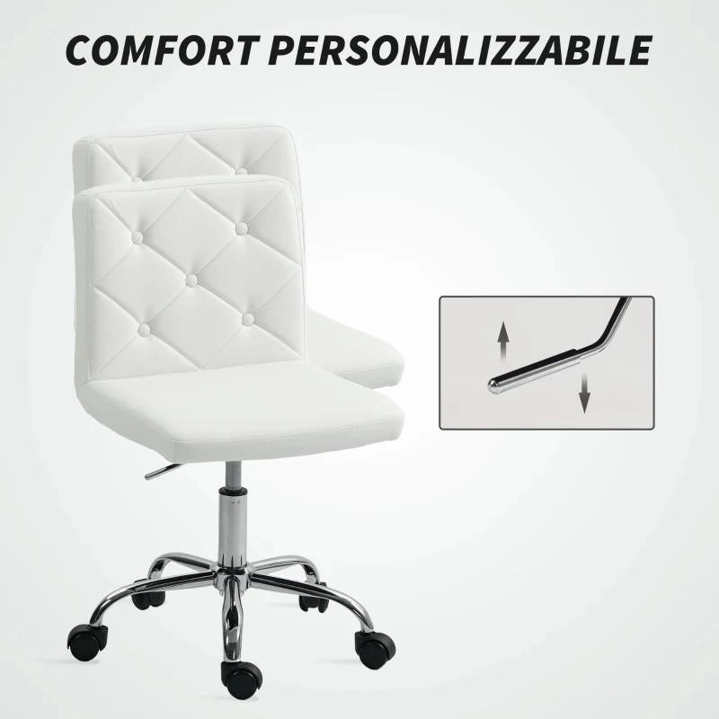 SEDIA DA UFFICIO REGOLABILE CON RIVESTIMENTO A BOTTONI, IN PELLE PU, SCHIUMA E ACCIAIO, 44X50X78-88 CM, BIANCO