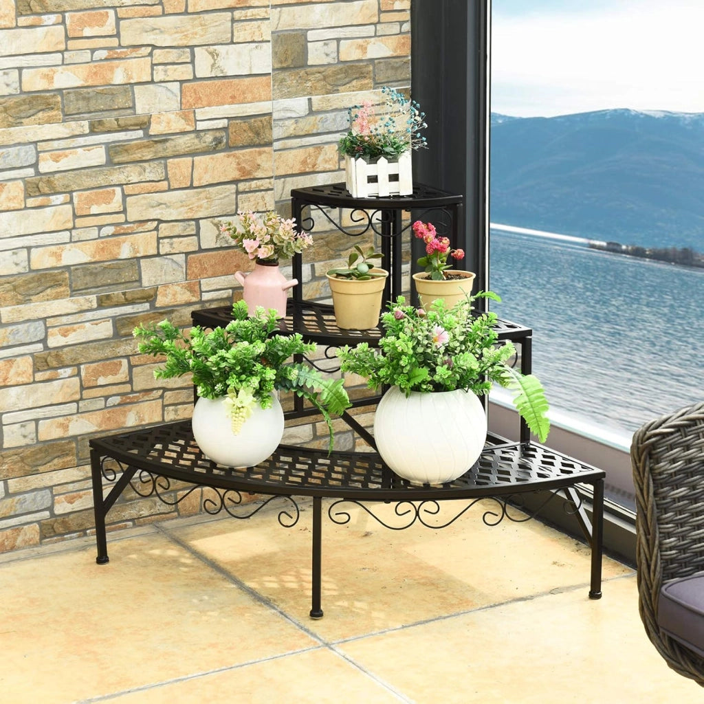 Scaffale Portafiori a 3 Ripiani, Porta Piante da Esterno e Interno a Scala, Scaffale Porta Vasi di Metallo per Balcone, Soggiorno e Giardino, 59 x 59 x 61 cm