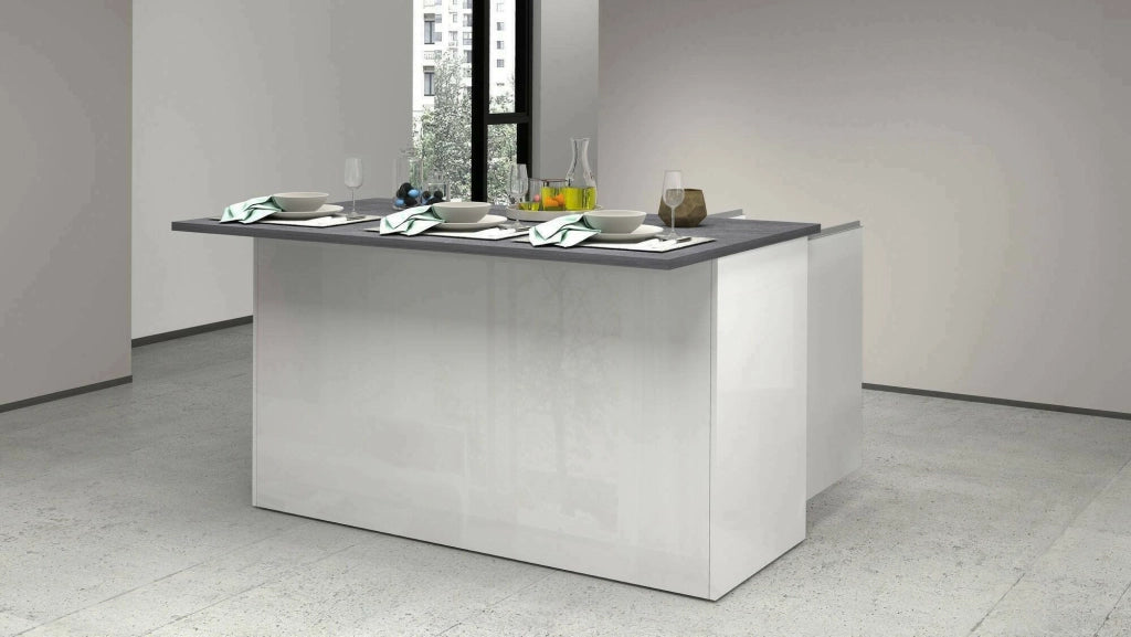 Isola da cucina Tartaro, Tavolo ausiliario portaoggetti, Mobile da cucina a 3 ante, 100% Made in Italy, 155x90h90 cm, Bianco lucido e Ardesia