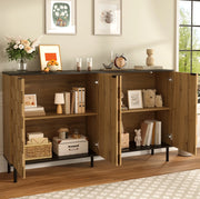 Sideboard 160x35x80.5 cm con 2 ante a mosaico e ripiano fisso in truciolare naturale e nero