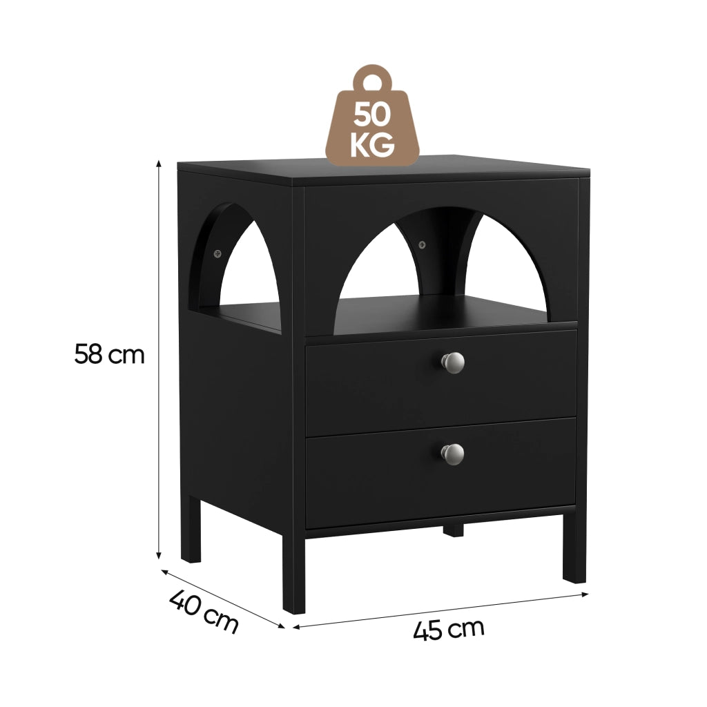 Comodino moderno multifunzione con 2 cassetti e 1 vano aperto, in MDF, per camera da letto, nero, 45 × 40 × 58 cm