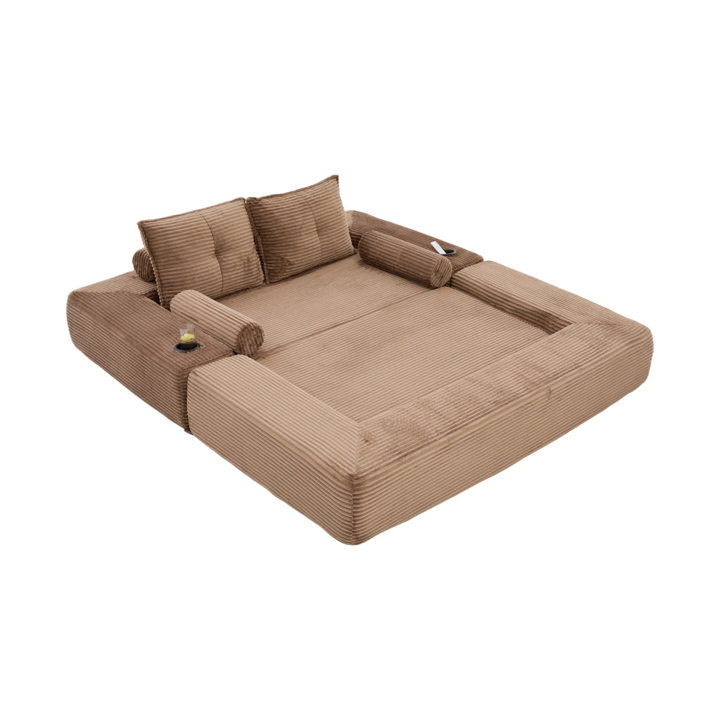 Divano letto modulare con tasche laterali e portabicchieri; cuscini memory in corda marrone