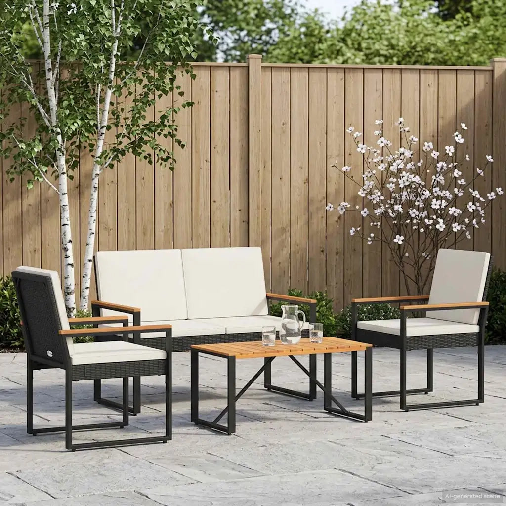 Set Mobili da Esterno 4 pz | Set Salotto da Giardino Nero e Bianco Crema polyrattan