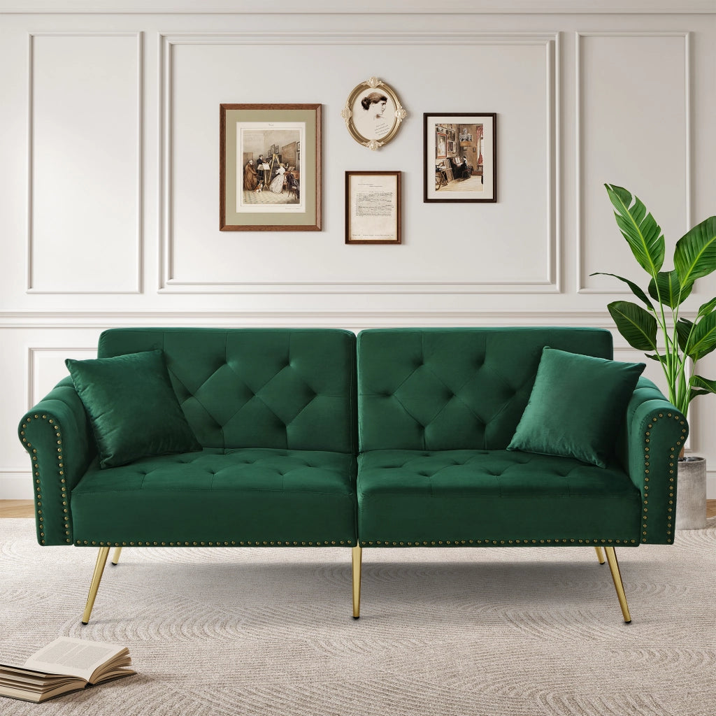 Divano Letto 2 Posti ¨C MINIMAL ¨C Velluto, Schienale Regolabile, Piedini Dorati