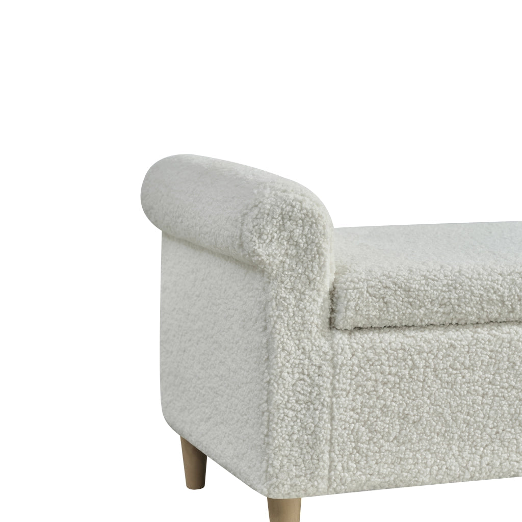 Pouf contenitore con coperchio sollevabile, in tessuto e piedi in legno, stile nordico bianco 106 × 51 × 33 cm
