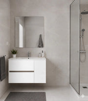 Mobile Bagno HEIMDALL Già Montato 2 cassetti e porta, lavabo e specchio Bianco lucido 120x45 cm doppio lavabo