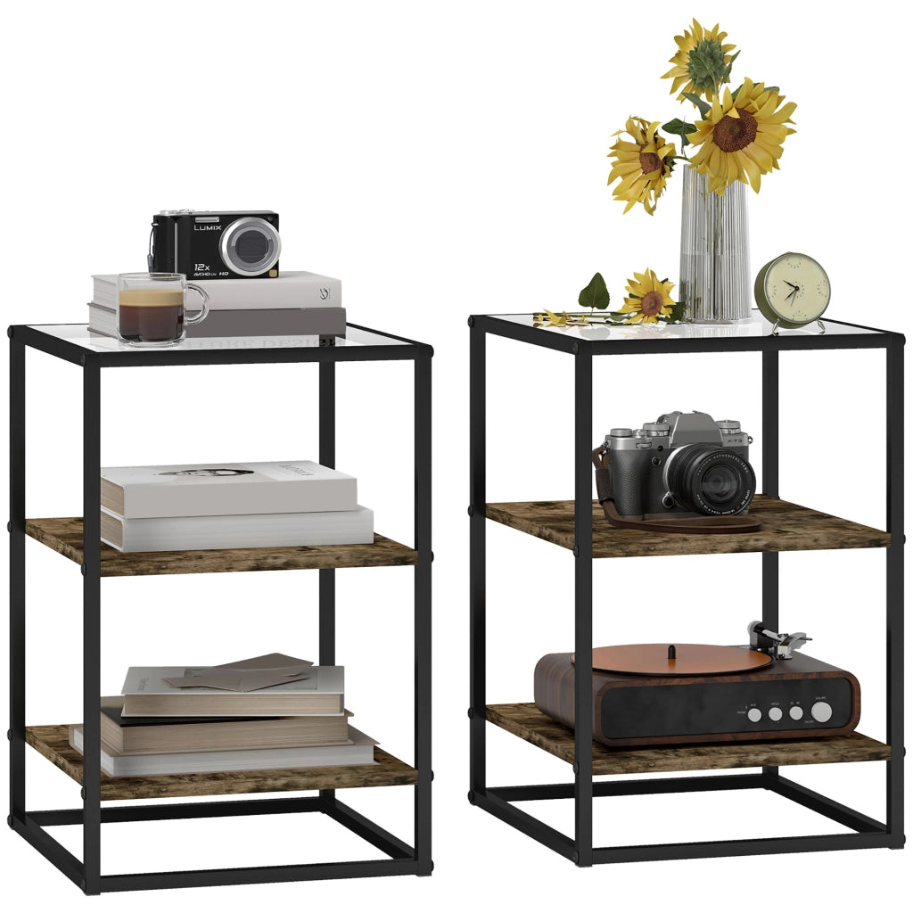 Set Tavolini da Soggiorno a Livelli ¨C zephmum ¨C Legno, Metallo, Vetro Temperato, Marrone, 37x40x55.5 cm