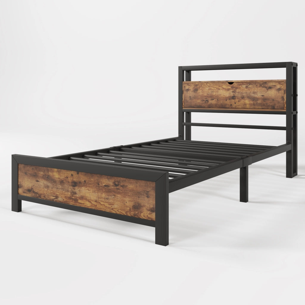 Letto singolo 90x200 cm in metallo e legno con testiera contenitore, struttura industriale, nero