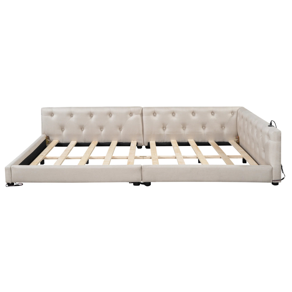 Letto divano con rete a doghe in lino beige 140x200 cm