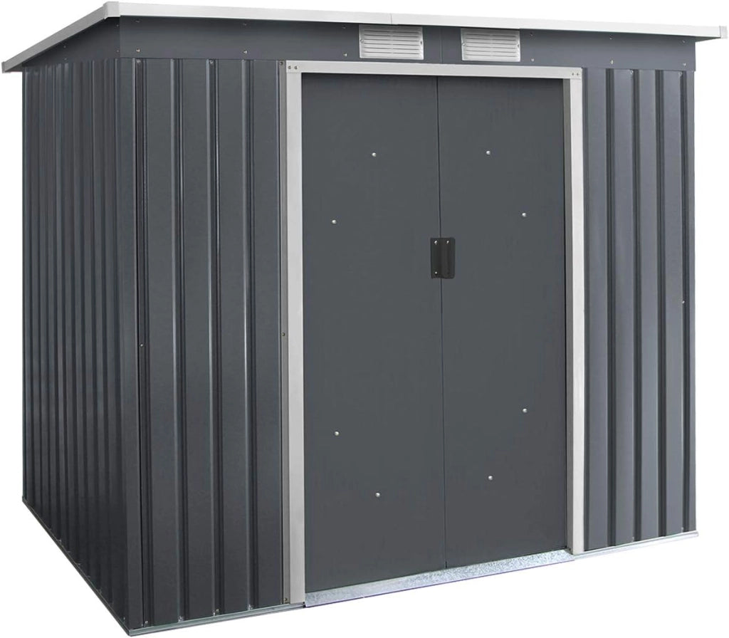 Capanno per Attrezzi, Casetta da Giardino, Capanno in Lamiera, Box da Giardino con Falda, Mobile Capanna, Ripostiglio da Giardino, con 2 Porte Scorrevoli, 2 Finestre, Grigio 213x130x173 cm