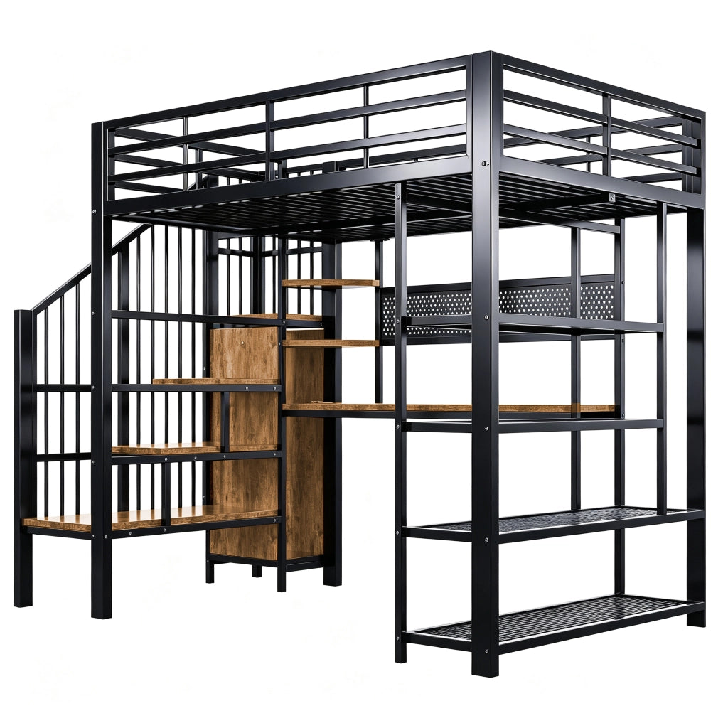 LETTO A SOPPALCO 140x200 cm Nero in metallo e legno con scala contenitore