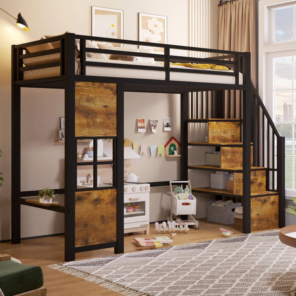 Letto a soppalco 90x200 cm con scala contenitore; finestra; spazio libero sottostante e parapetto; metallo nero