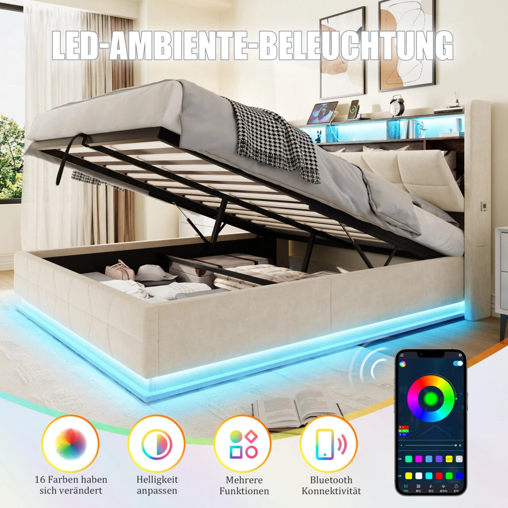 Letto matrimoniale 140x190 cm in velluto beige con testiera contenitore; LED e porte USB/Type-C