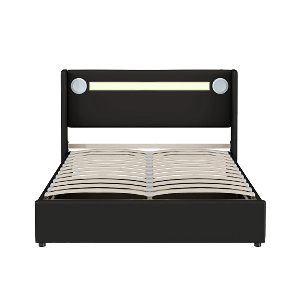 Letto matrimoniale con LED Bluetooth - Xylo - 140x200 cm - Nero - USB e rivestimento in similpelle