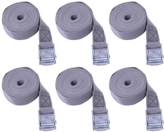 Sjorriemen in Poliestere - 6 Pezzi - Cinghie di Rallentamento - Cinghie di Tensione - Ganci a Staffa in Zinco - Flessibili 25 mm x 5 m