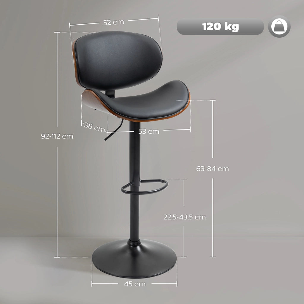Set 2 Sgabelli da Bar con Schienale 53x52x92-112 cm in Legno e Finta Pelle Nero