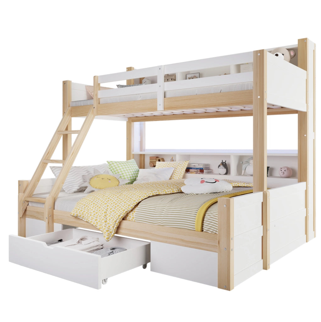 Letto a castello per bambini 90x200 cm + 140x200 cm in pino; bianco e naturale; con LED; cassetto e vani aperti