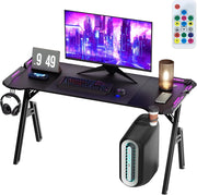Tavolo da gioco con LED, 140 x 60 cm, scrivania per computer con superficie in fibra di carbonio, scrivania da ufficio, tavolo con gancio per cuffie e porta bevande, nero