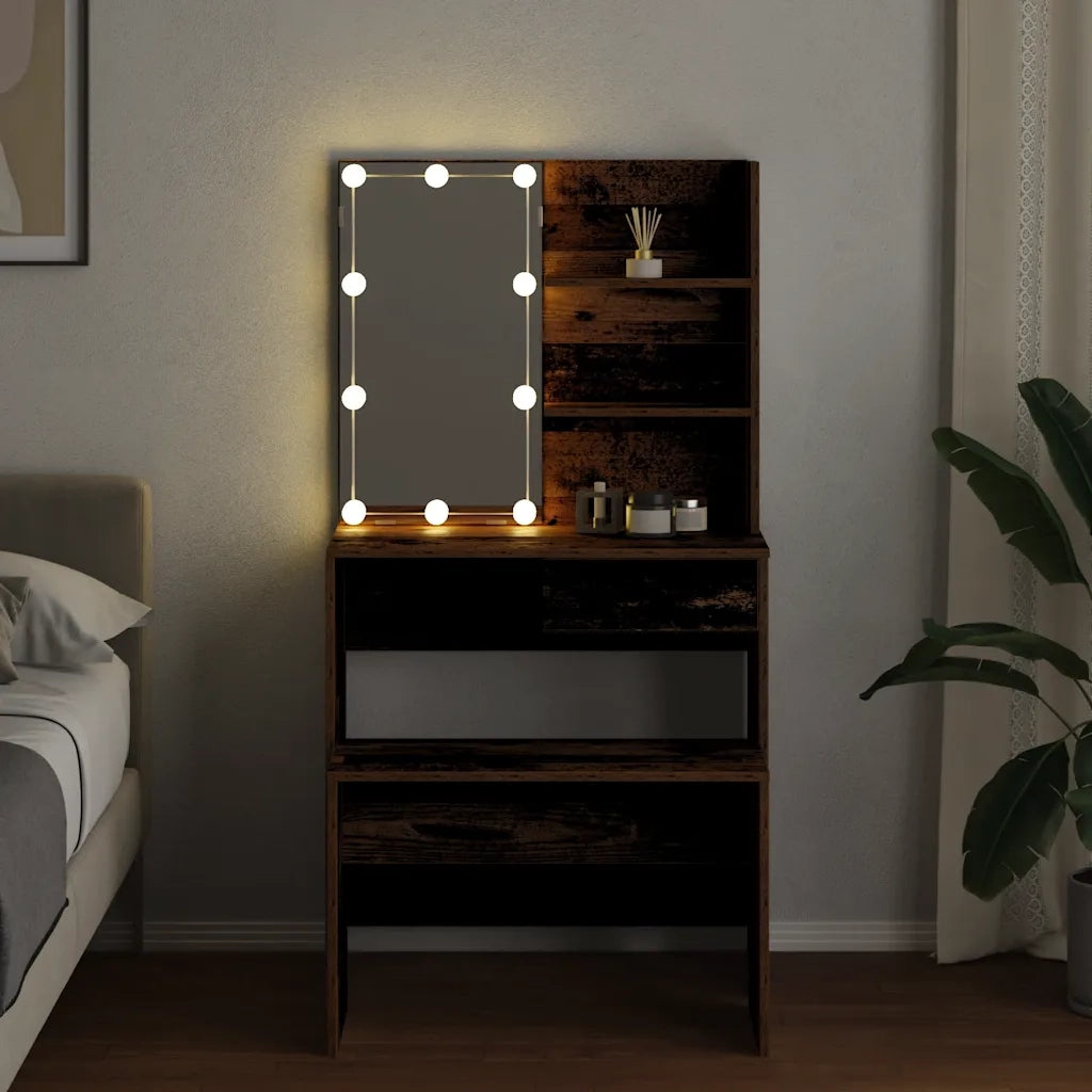 Set Tavolo da Toeletta | Tavolo da Trucco con LED Legno Antico Legno Multistrato