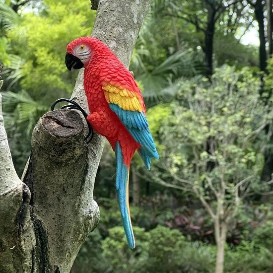 Sculptura di Pappagallo Realistica - Statua di Giardino - Ornamento di Paesaggio - Immagine di Uccello Sospesa - Resistente alle Intemperie - Haken di Acciaio