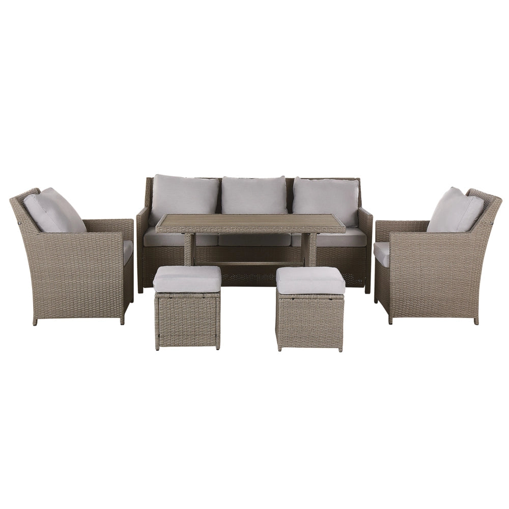 Set Divani Da Giardino Grigio Rattan Sintetico Cuscini Taupe Divano 5 Posti Tavolo Rettangolare 2 Poltrone 2 Pouf Set Da Pranzo All'aperto