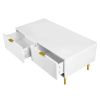 Tavolino da Salotto Moderno con 2 Cassetti e Design a Righe Verticali, 100x50x40 cm - Tavolino da Divano, Bianco+Oro
