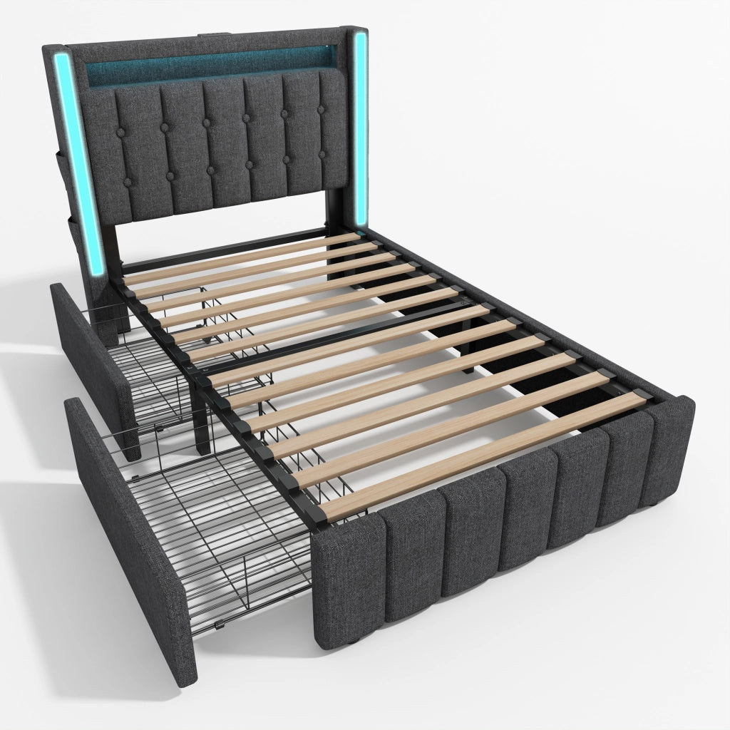 Letto singolo 90x200 cm con USB, porte Type-C, LED, 2 cassetti e rete a doghe in legno, grigio