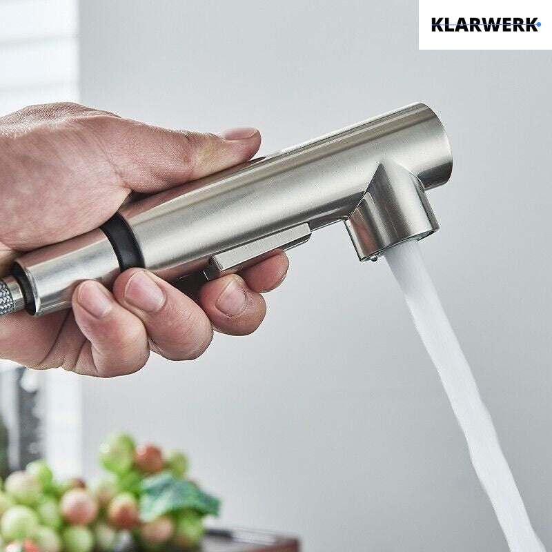 FELICE| Rubinetto da cucina estraibile Premium in acciaio inox argento spazzolato |Miscelatore canna dritta|gastronomia alta pressione 360° 2 attacchi