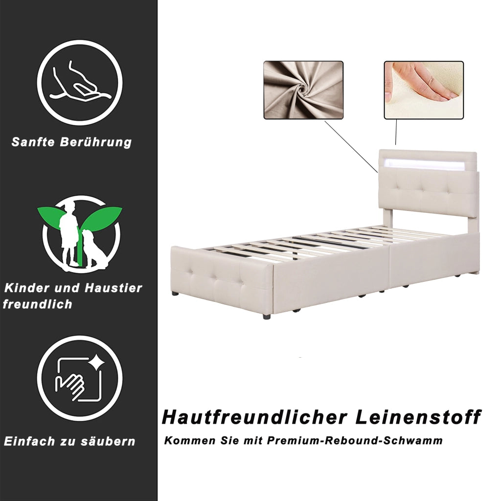 DESMIU Lit simple 90 × 200 cm con 2 cassetti, LED, testiera regolabile, senza materasso, beige