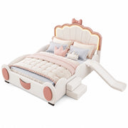 Letto per bambini a farfalla 140 × 200 cm con scivolo scala luce LED regolabile in PU e MDF rosa e bianco
