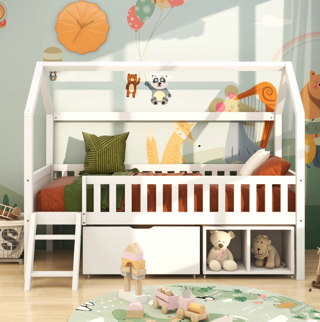 Letto a casetta 90 x 200 cm bianco in legno di pino con cassetti
