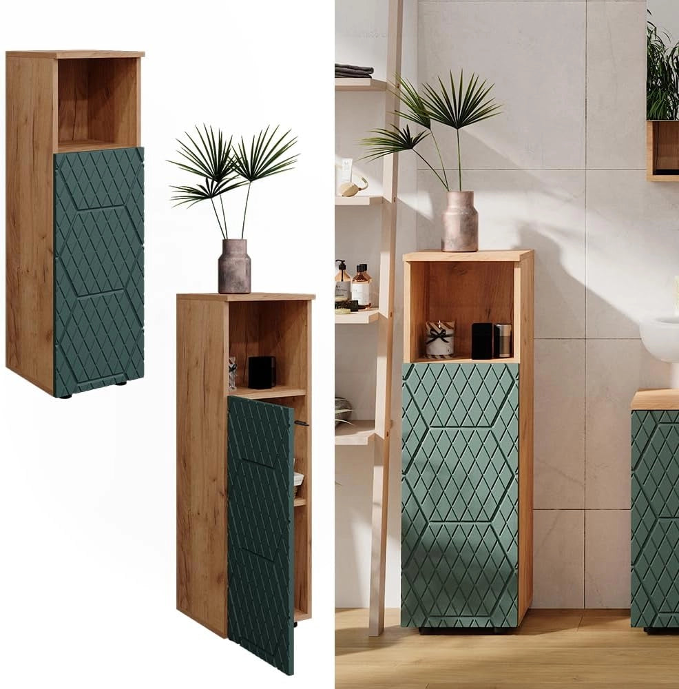 Mobile midi Irma, Quercia verde/oro, 30 x 95 cm, per la conservazione di accessori da bagno e combinabile con Irma
