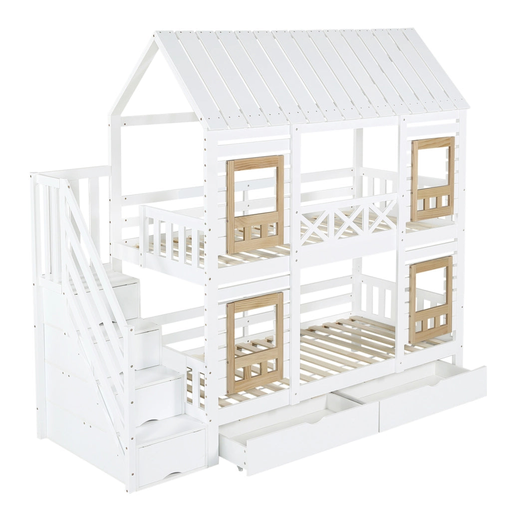 Letto a castello per bambini con 2 cassetti e scala contenitore; 90x200 cm; bianco e naturale