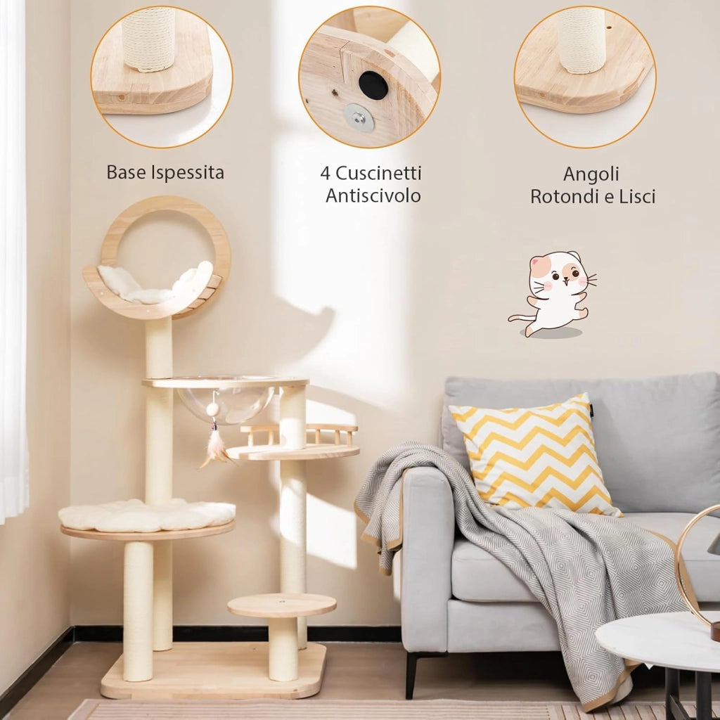 Tiragraffi per Gatti 4-in-1, Albero per Gatti in Legno di Quercia a Blocchi con Capsula Spaziale, Tiragraffi in Sisal, Piattaforma Imbottita e Giocattolo Appeso, 60 x 60 x 146 cm