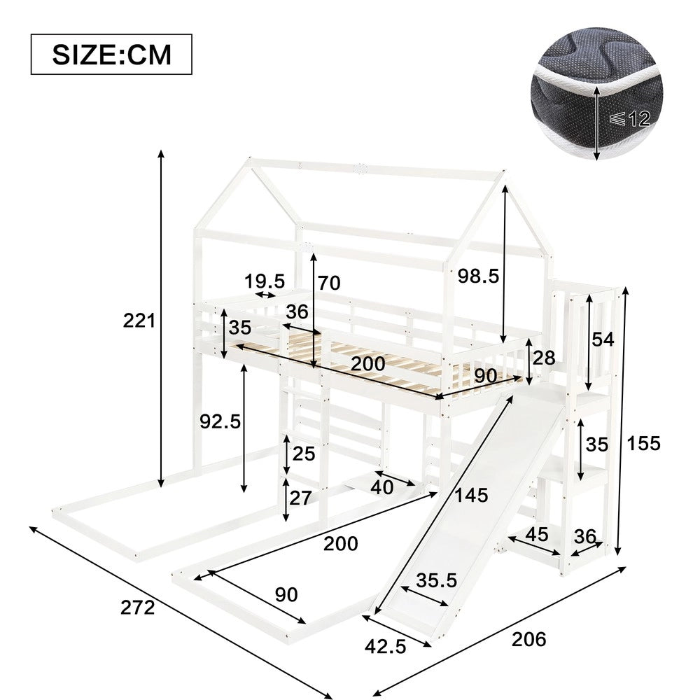 Letto a Castello con Scivolo e Tetto ¨C MINIMAL ¨C Pino e MDF, Bianco, 90x200cm
