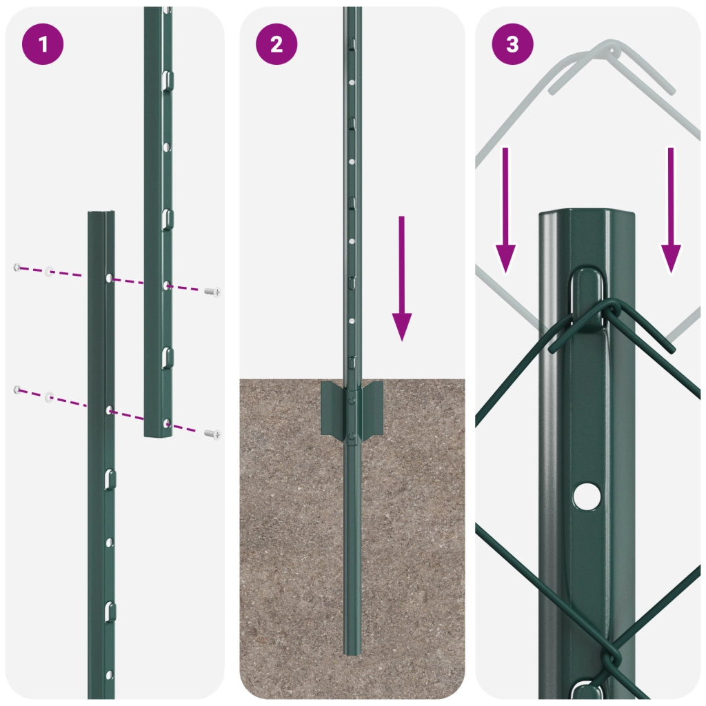 Recinto a Maglie di Catena con 10 Pali U Verde 1x10 m Acciaio