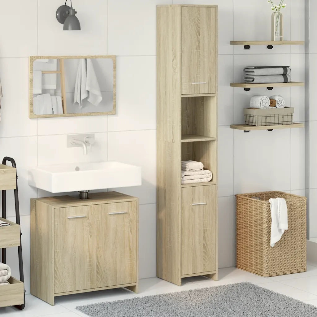 Set Mobili da Bagno | Armadio da bagno 3 pz Rovere Sonoma in Legno Multistrato