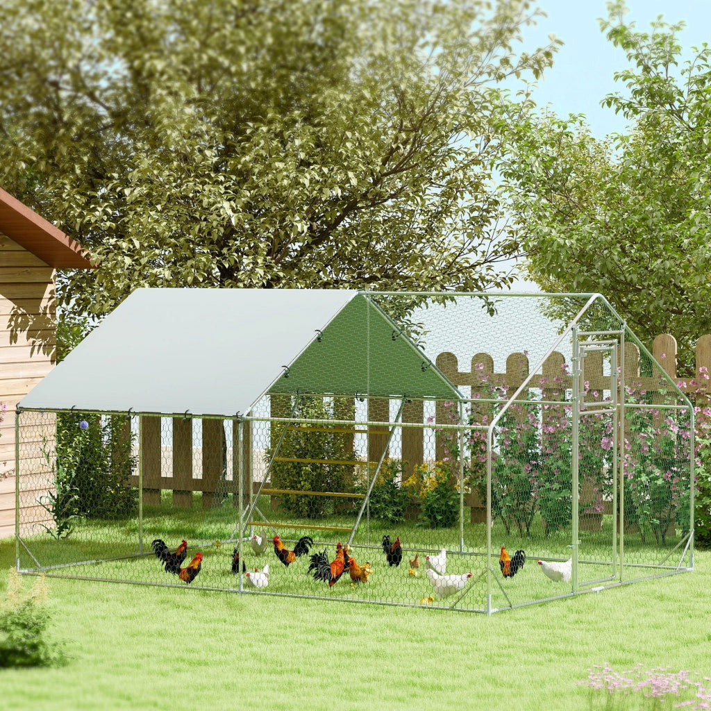 Recinto per Galline da 12 mq 300x400x195 cm per 12-18 Animali con Tetto Impermeabile Mangiatoia e Posatoio Argento