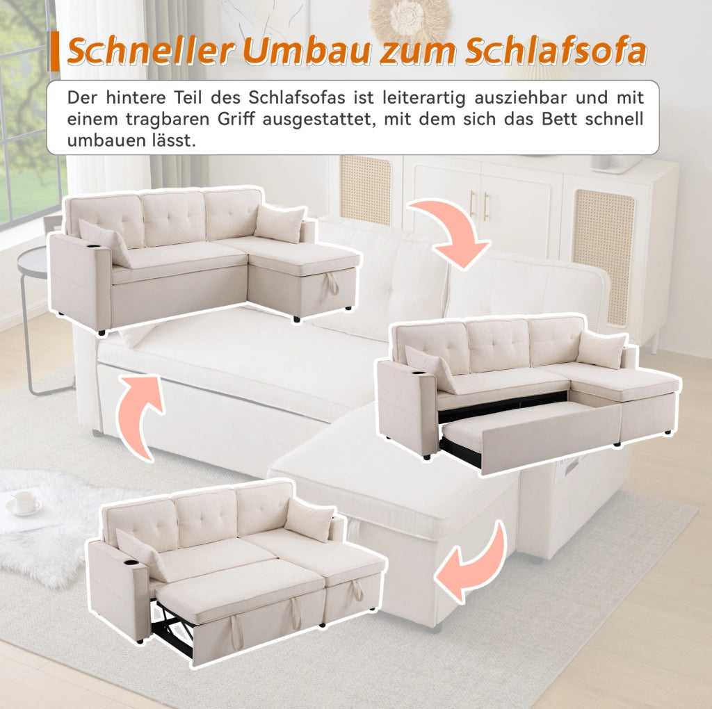 Divano letto angolare beige reversibile con contenitore