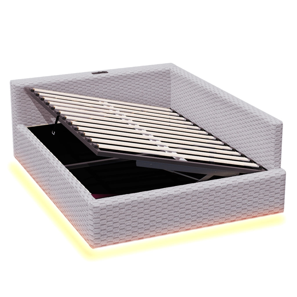 Letto imbottito ULEVR 140x200 cm con contenitore idraulico, LED, USB e Type-C, velluto grigio