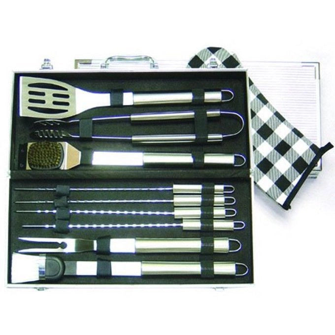 BLINKY 78935-20 Set Utensili per Barbecue 10 Pezzi in Acciaio Cromato con Valigetta in Alluminio colore Nero