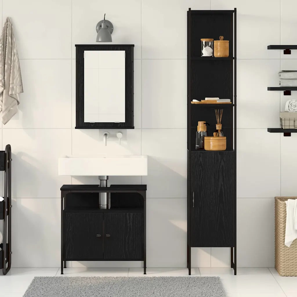 Set di mobili per il Bagno | Armadio da bagno 3 pz Rovere Nero Legno multistrato