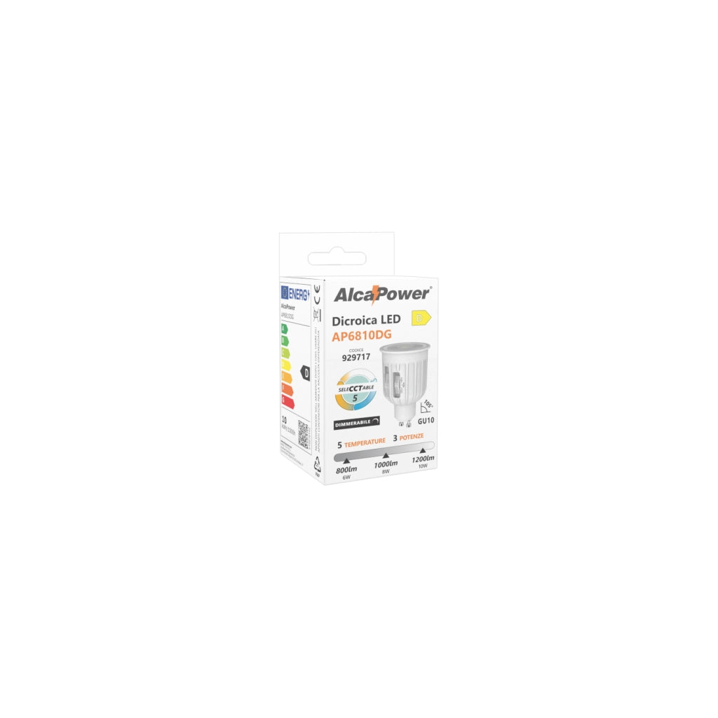 Alcapower Lampada LED Dicroica GU10 230V Dimmerabile 5CCT Selezionabile 6/8/10W, Flusso Luminoso Fino a 1200lm, Classe Energetica D, 50x76.5mm
