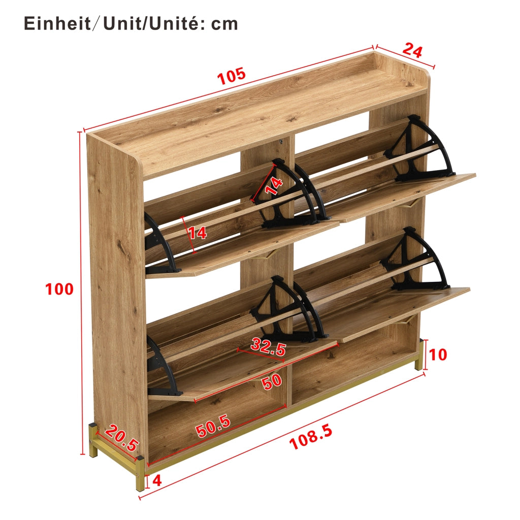 Scarpiera con 4 Ante e Ripiano Superiore; Struttura in Metallo; Stile Naturale; in MDF; Effetto Legno; 108;5×24×100 cm