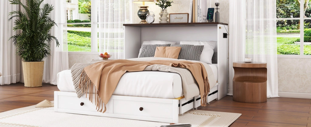 DESMIU Letto a scomparsa 140 × 200 cm 2 posti con cassetto, mensola, USB e presa, senza materasso, bianco