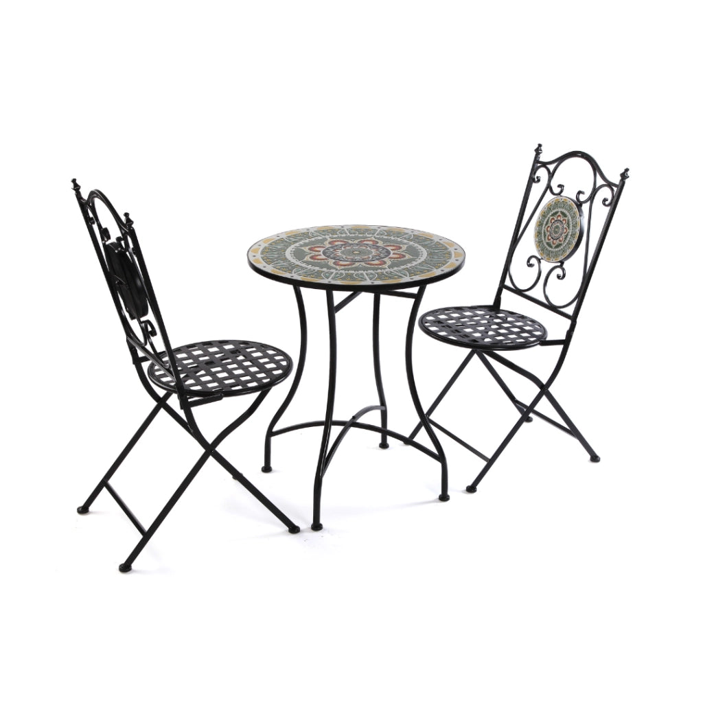 Set tavolo e 2 sedie Mandala multicolore metallo e ceramica a mosaico 60cm